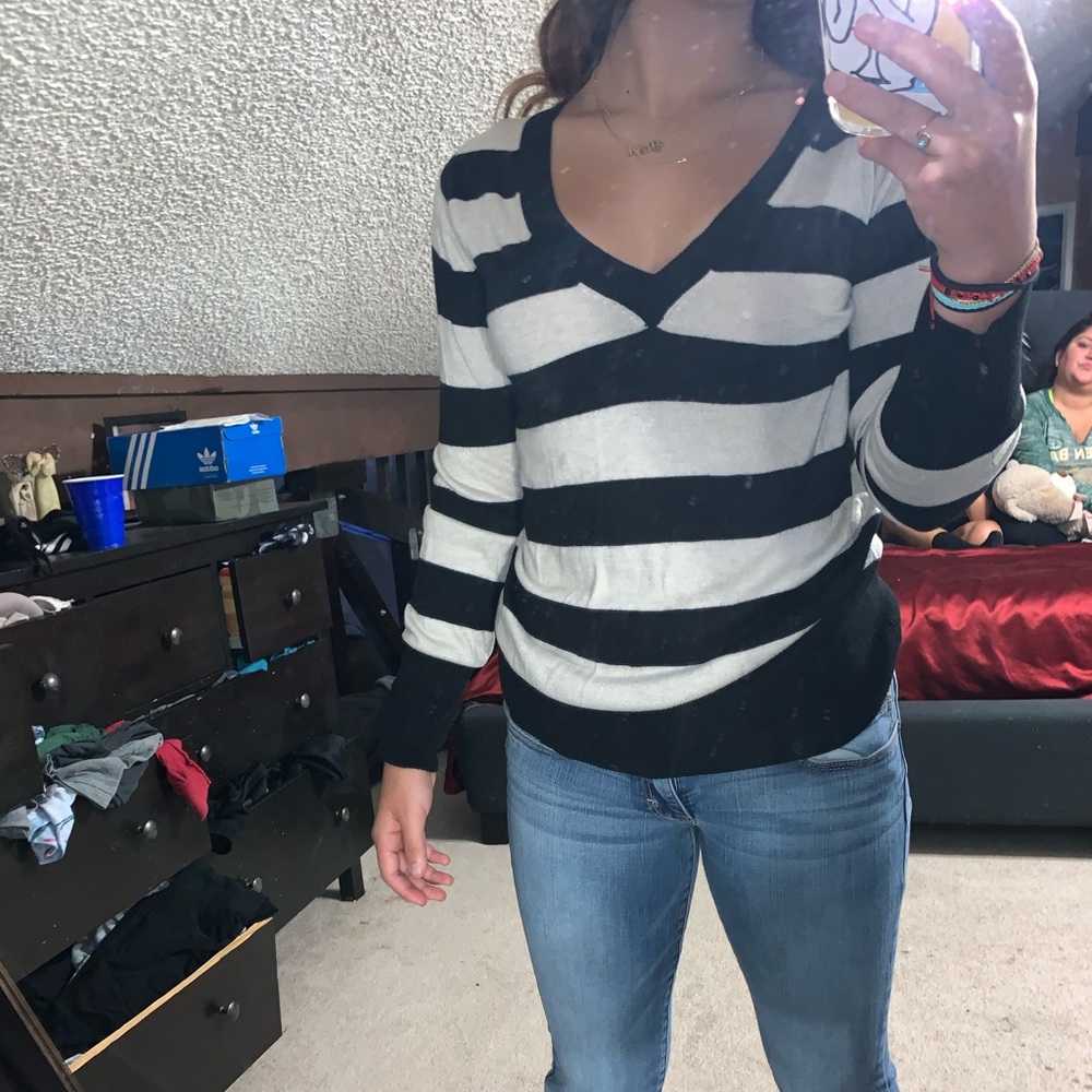 womens long sleeve black and tanned striped shirt